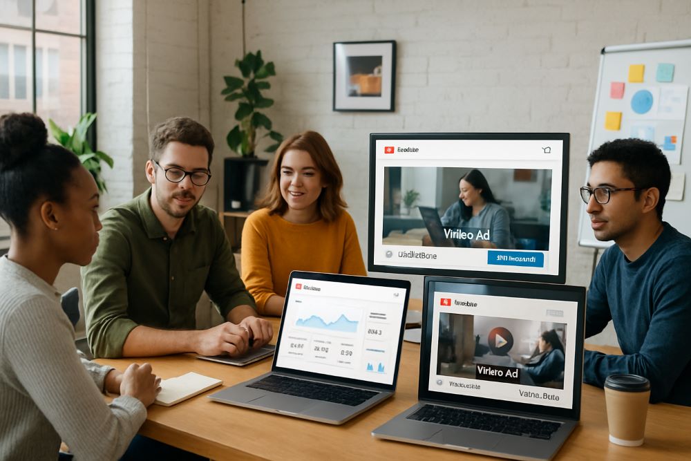 Team of marketers analyzing YouTube ad campaigns on monitors