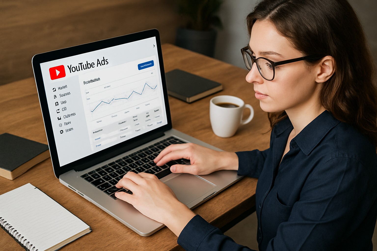 A YouTube ads specialist creating a campaign on a laptop