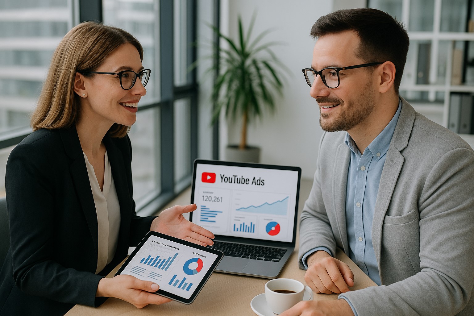 Interview scene with marketer and YouTube ad specialist reviewing campaign data