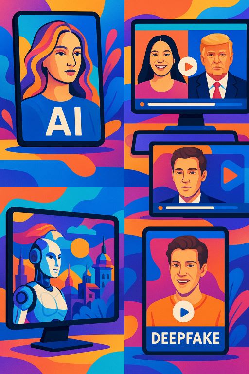 Collage of AI generated scenes and deepfake video thumbnails