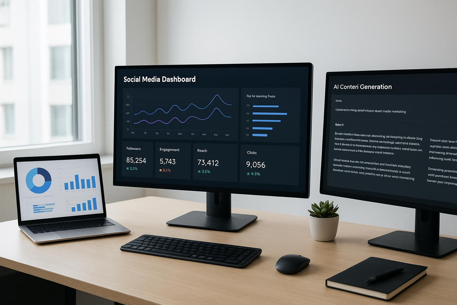 Modern workspace with social media dashboards on screens